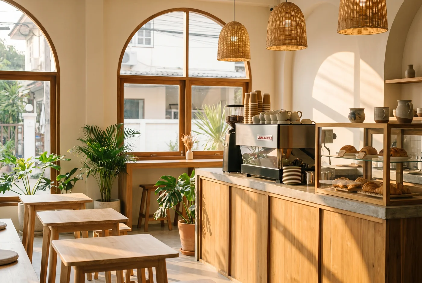 Case B — คาเฟ่ย่านอารีย์ · Thai specialty coffee cafe interior, soft morning light