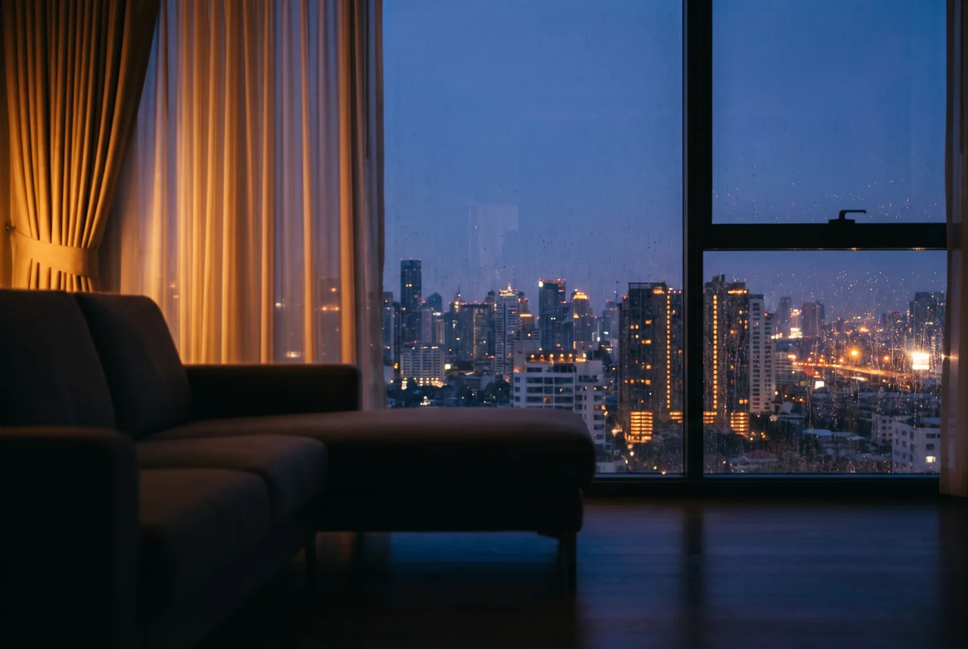 Case C — คอนโดก่อนซื้อ · Bangkok high-rise condo living room at blue hour