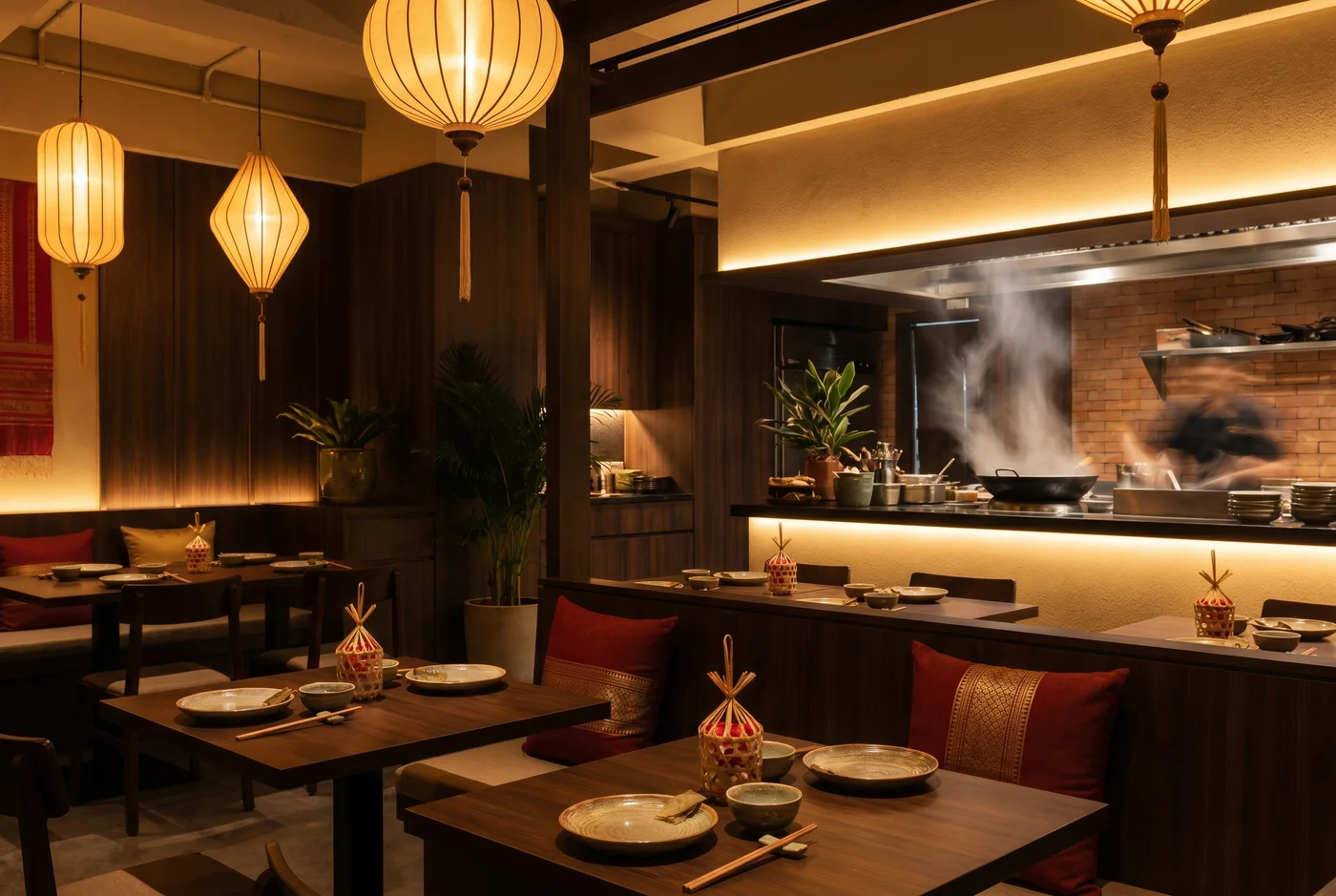 Case D — ร้านอาหารย่านสุขุมวิท · Thai restaurant interior with auspicious red and gold accents
