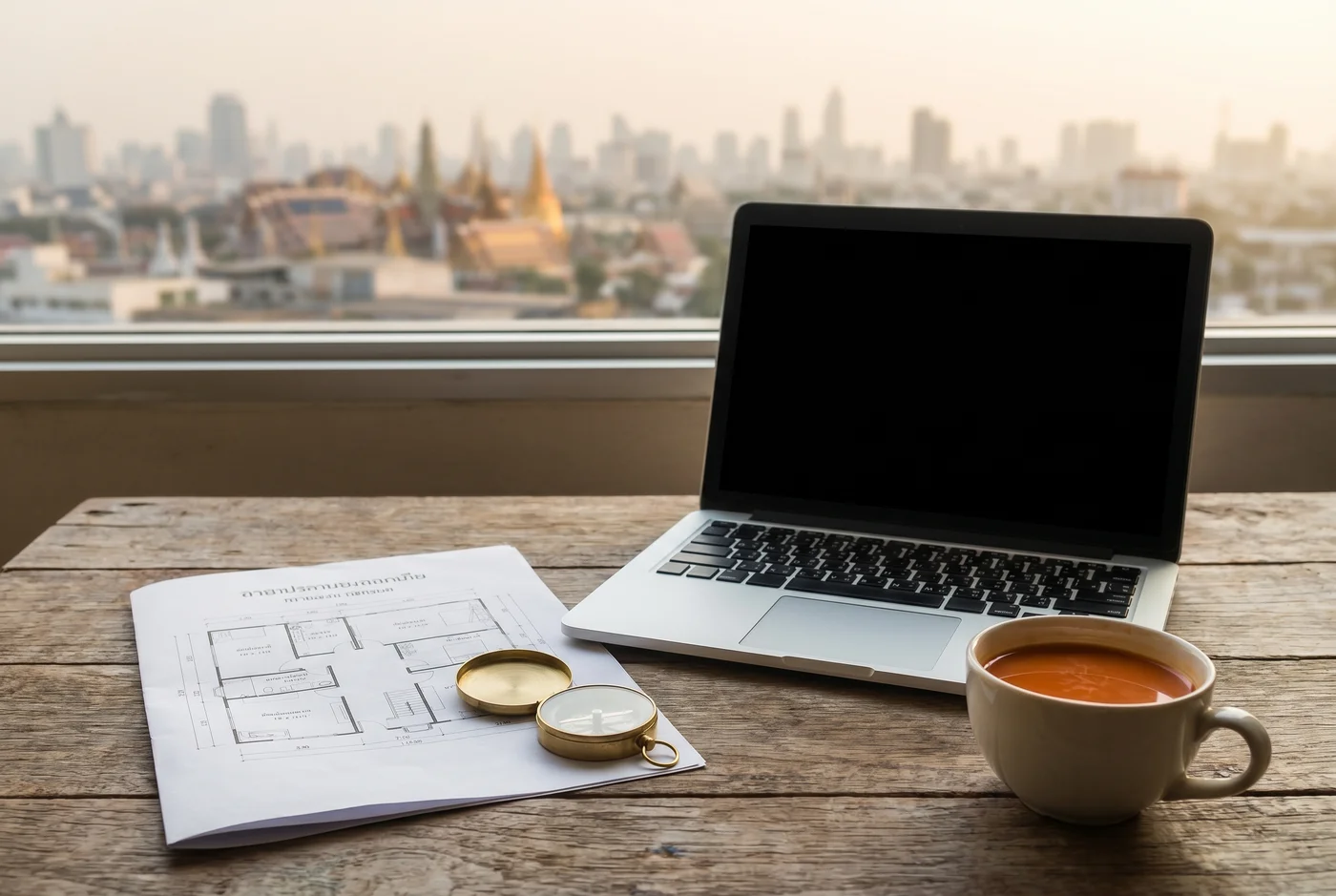 Case E — ฮวงจุ้ยออนไลน์ · remote consultation flat-lay with floor plan, compass, tea