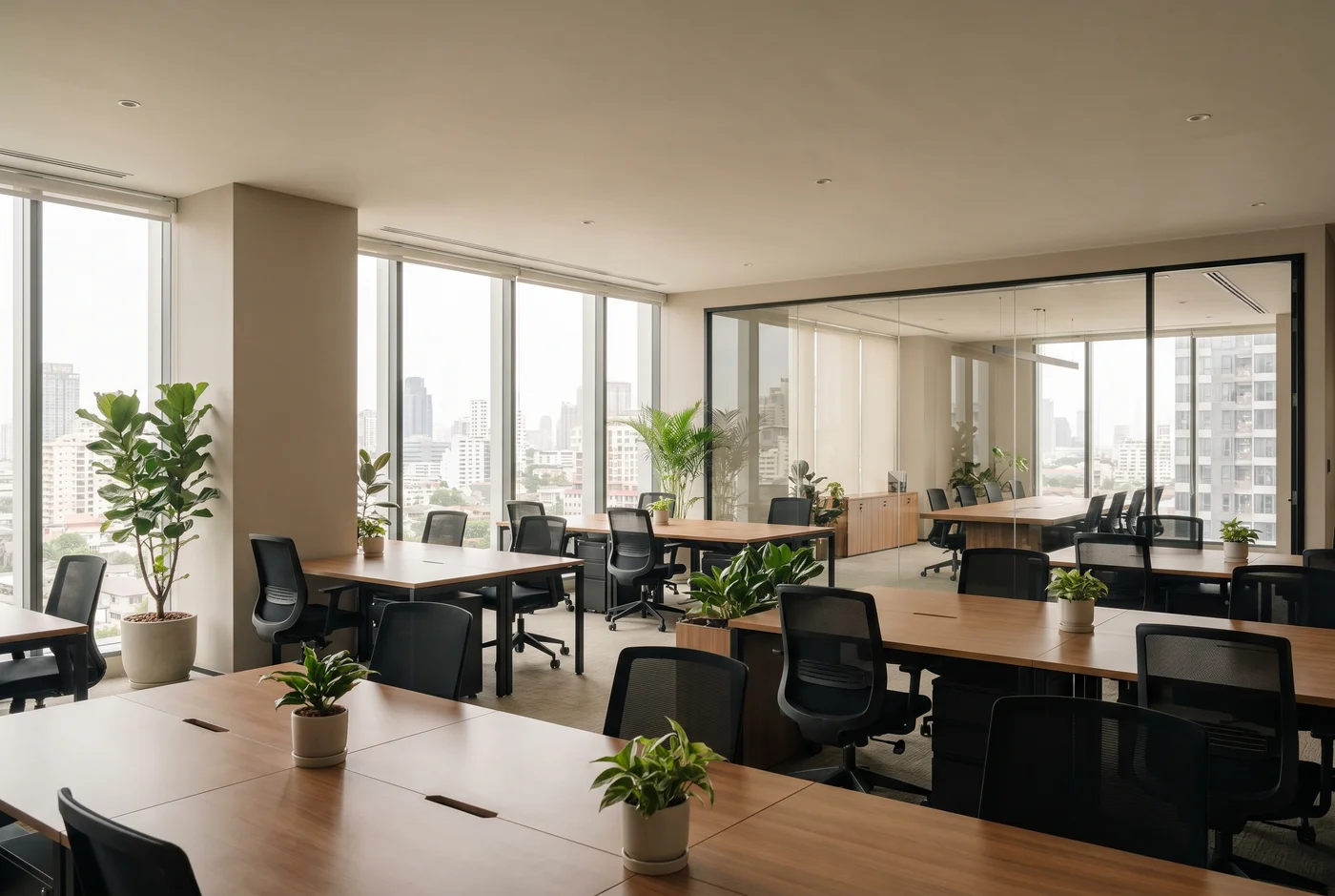 Case F — ออฟฟิศทองหล่อ · modern corporate tech office in Bangkok with soft daylight