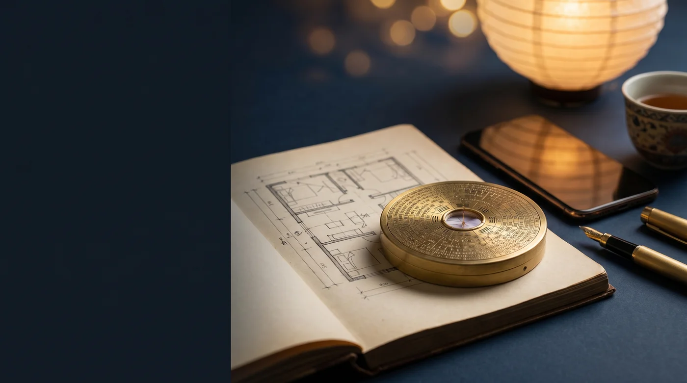 ซินแสแบงค์ contact hero — brass luopan compass on open notebook with floor plan, paper lantern, tea cup, and gold fountain pen on a deep navy desk