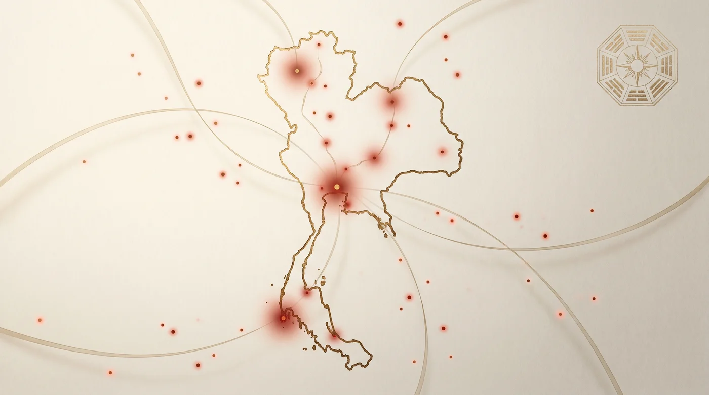 แผนที่ประเทศไทยโทนทอง-แดง แสดงพื้นที่ให้บริการฮวงจุ้ยของซินแสแบงค์