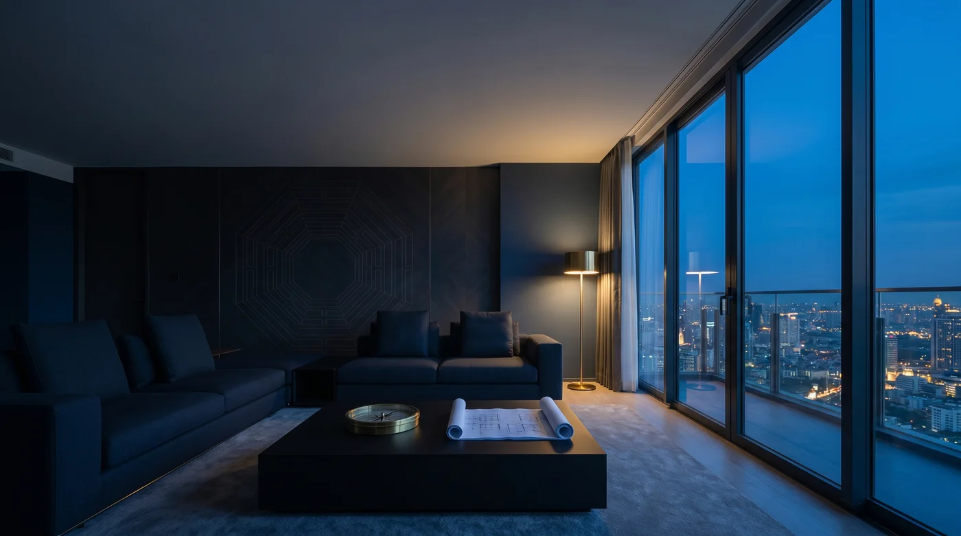 ผลงานซินแสแบงค์ · contemporary minimal Bangkok penthouse at blue hour with brass compass and blueprints