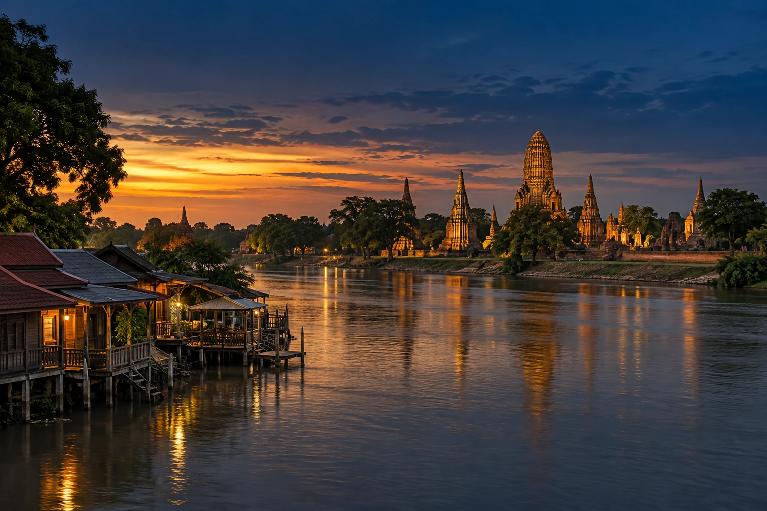 แม่น้ำเจ้าพระยาโอบเกาะเมืองอยุธยายามพลบค่ำ บ้านริมน้ำกับปรางค์โบราณด้านหลัง ภาพชัยภูมิที่ซินแสดูฮวงจุ้ยอยุธยาต้องอ่าน