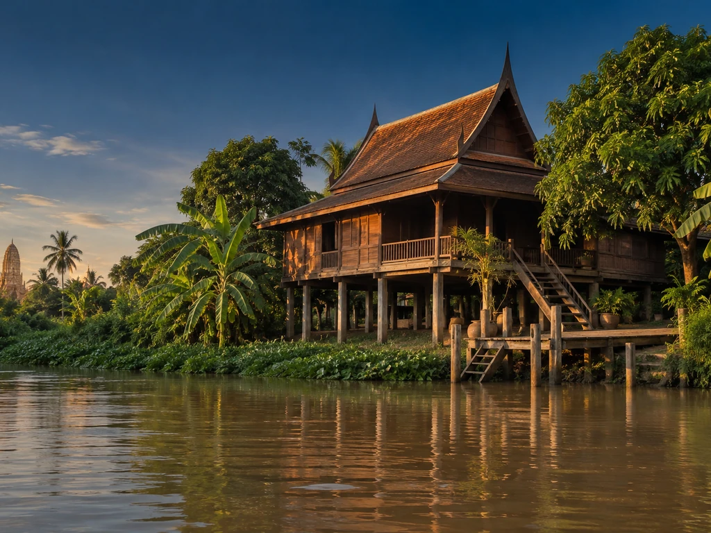 บ้านไม้ทรงไทยใต้ถุนสูงริมแม่น้ำในอยุธยา มีท่าน้ำและบันไดลงแม่น้ำหน้าบ้าน