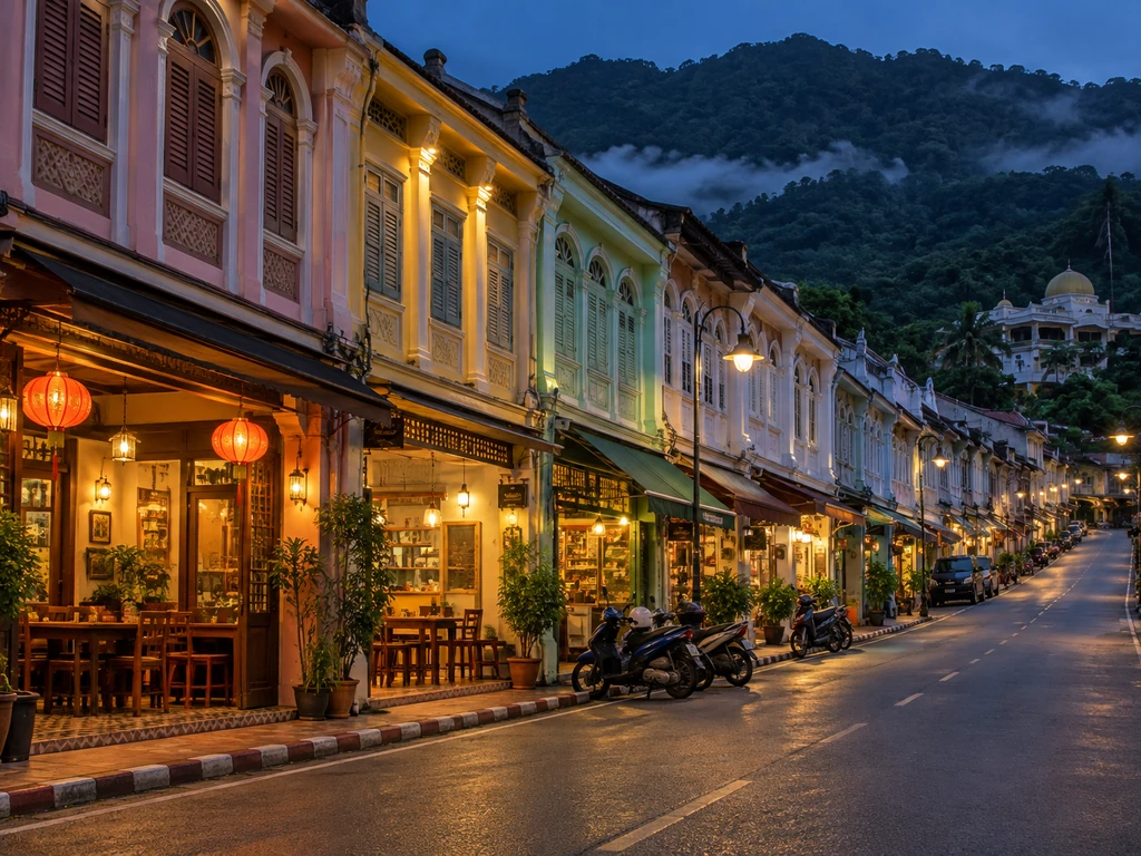 แถวตึกแถวหลากสีกลางเมืองเบตง ชั้นล่างเป็นร้านอาหารและร้านค้า ถนนลาดเอียงตามเนินเขา ยามเย็น