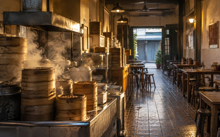 ร้านอาหารในตึกแถวเบตง ครัวเปิดหน้าร้านมีหม้อนึ่งไอน้ำลอย โต๊ะไม้เรียงในร้านยามเช้า