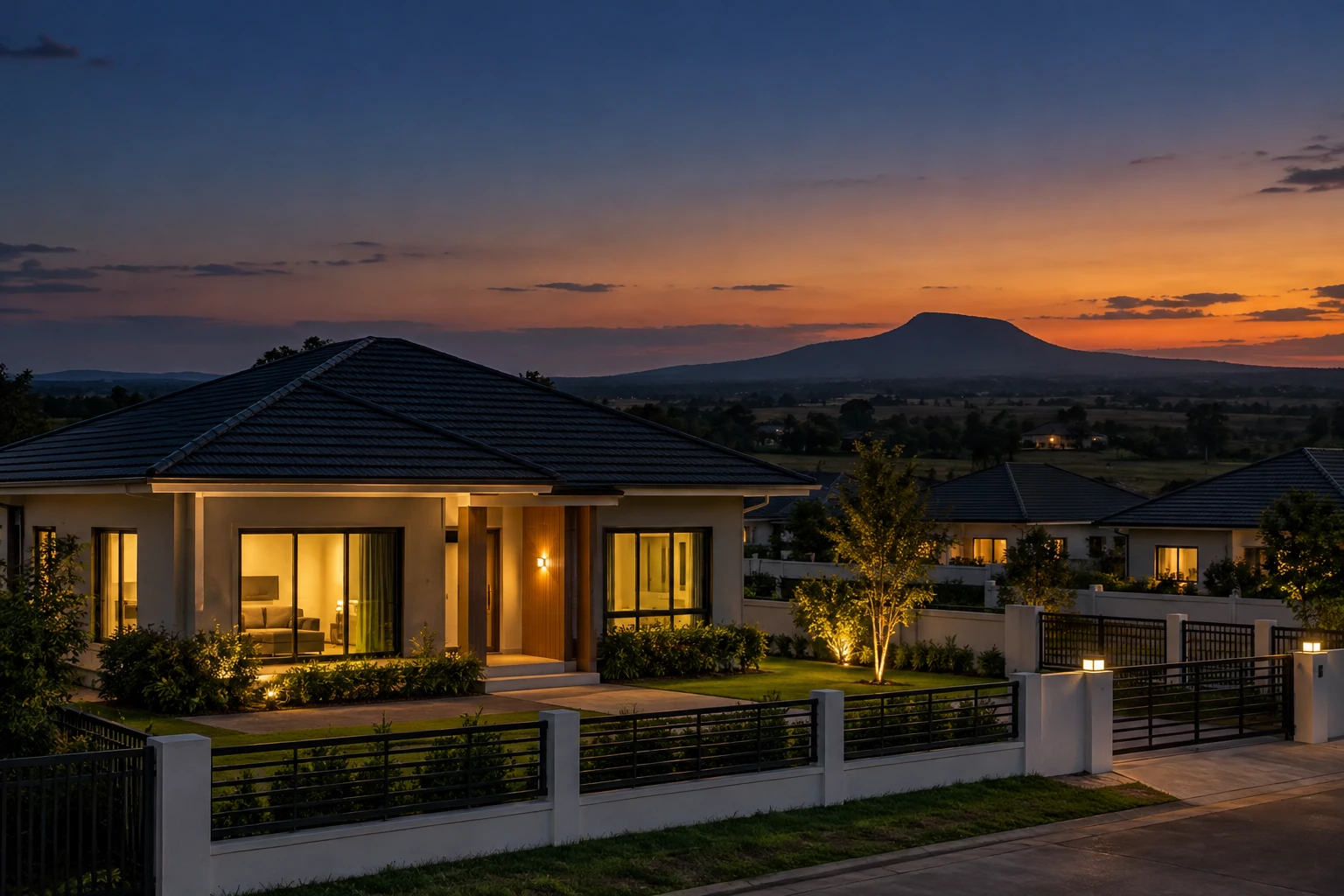 บ้านเดี่ยวในหมู่บ้านจัดสรรอำเภอเมืองบุรีรัมย์ยามพลบค่ำ มีเนินภูเขาไฟเก่าเตี้ย ๆ อยู่ไกลบนที่ราบ สื่อถึงการดูฮวงจุ้ยบุรีรัมย์