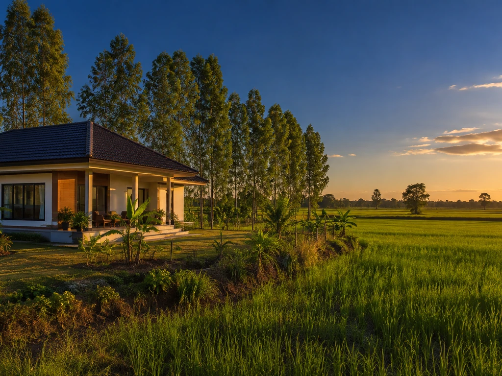 บ้านเดี่ยวชานเมืองบุรีรัมย์ที่หลังบ้านเปิดโล่งสู่ทุ่งนา มีแนวไม้สูงปลูกเป็นด้านพิงตามหลักฮวงจุ้ย