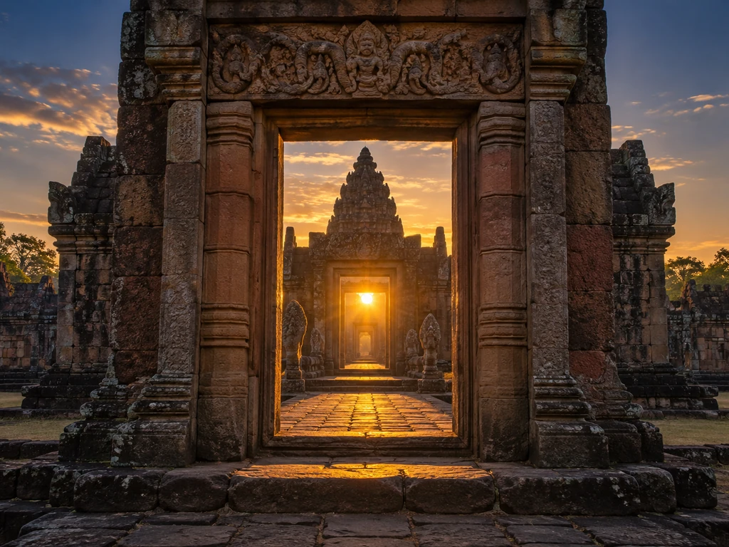 แสงอาทิตย์ยามเช้าลอดแนวช่องประตูศิลาของปราสาทหินพนมรุ้ง บุรีรัมย์ สื่อถึงความแม่นยำของทิศและองศาในการวางอาคาร