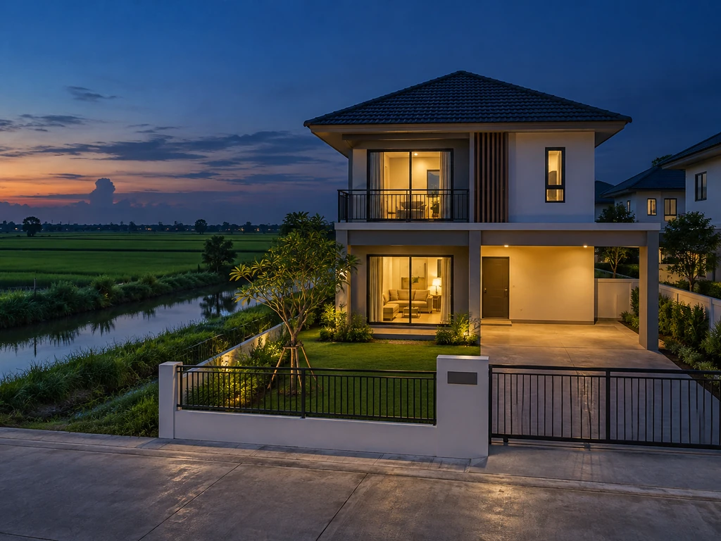 บ้านเดี่ยวในโครงการบ้านจัดสรรฉะเชิงเทรา ติดทุ่งนาและคลองชลประทาน ถนนในโครงการยกสูงกว่าพื้นสวนหน้าบ้าน