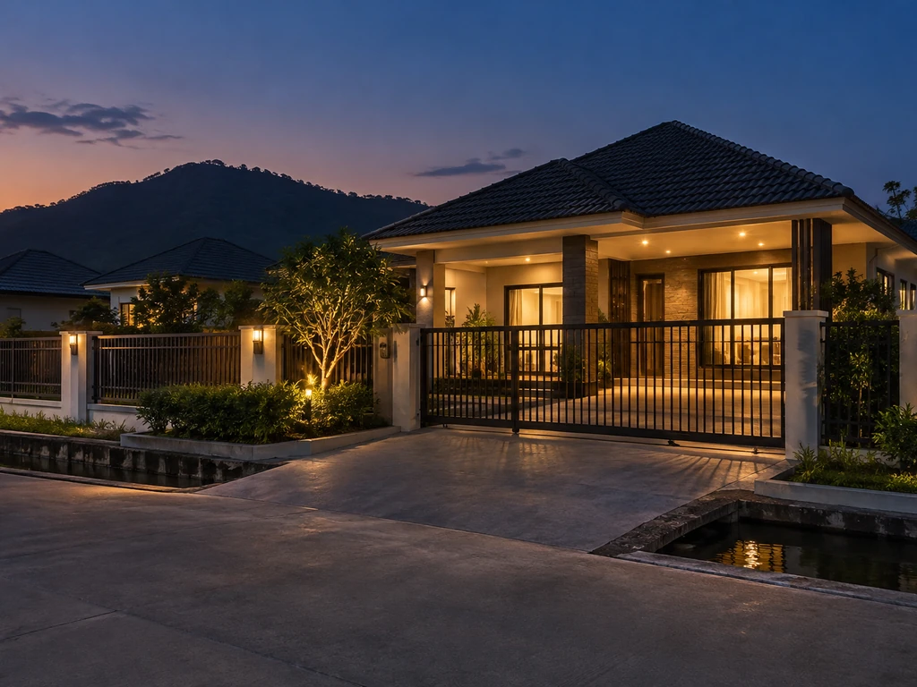 บ้านเดี่ยวในหมู่บ้านจัดสรรอำเภอเมืองชัยภูมิยามเย็น ทางเข้ายกระดับเล็กน้อยและมีร่องระบายน้ำหน้าบ้าน