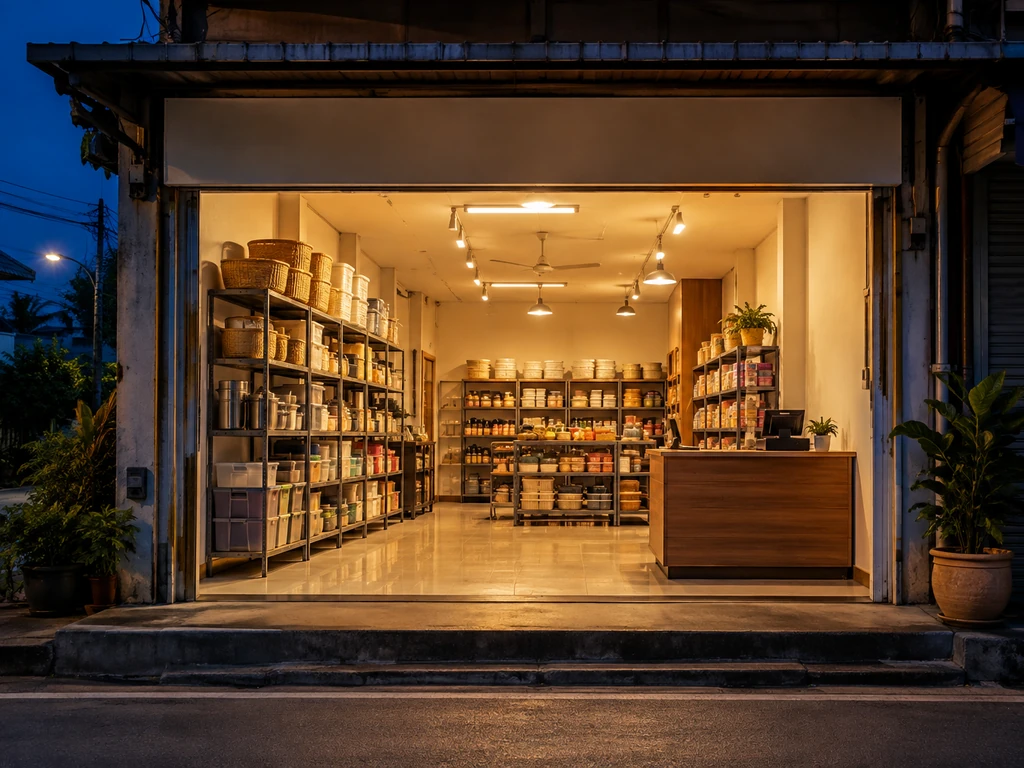 ตึกแถวร้านค้าในตัวเมืองชัยภูมิที่ยกธรณีประตูและพื้นหน้าร้านให้สูงกว่าถนน มีชั้นวางสินค้ายกพ้นพื้น