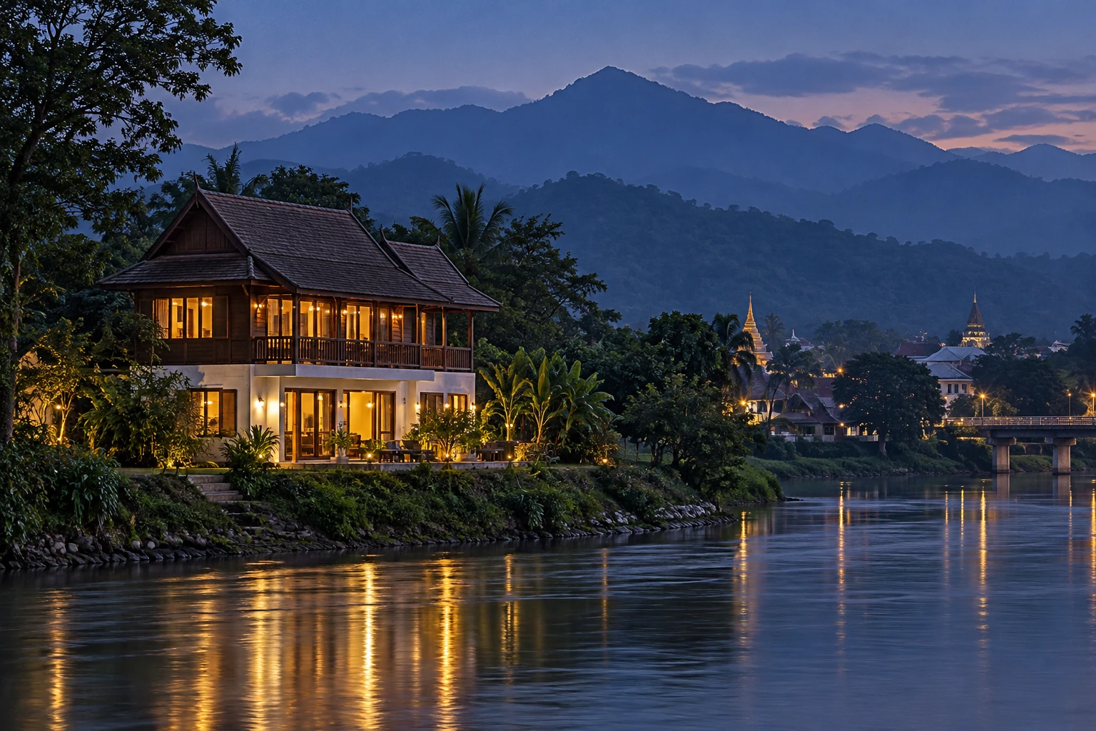 บ้านริมแม่น้ำกกในเมืองเชียงรายยามพลบค่ำ มีแนวดอยเป็นฉากหลังและแสงไฟอุ่นจากหน้าต่าง สื่อถึงการดูฮวงจุ้ยเชียงรายตามชัยภูมิภูเขาและสายน้ำ