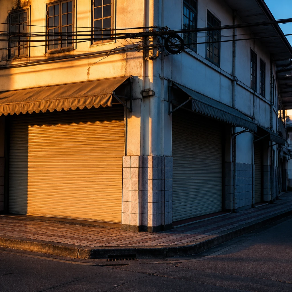 ตึกแถวหัวมุมที่มีทางเข้าสองด้านติดถนนคนละสาย ตัวอย่างอาคารที่ซินแสแต่ละสำนักวัดองศาจากคนละด้าน