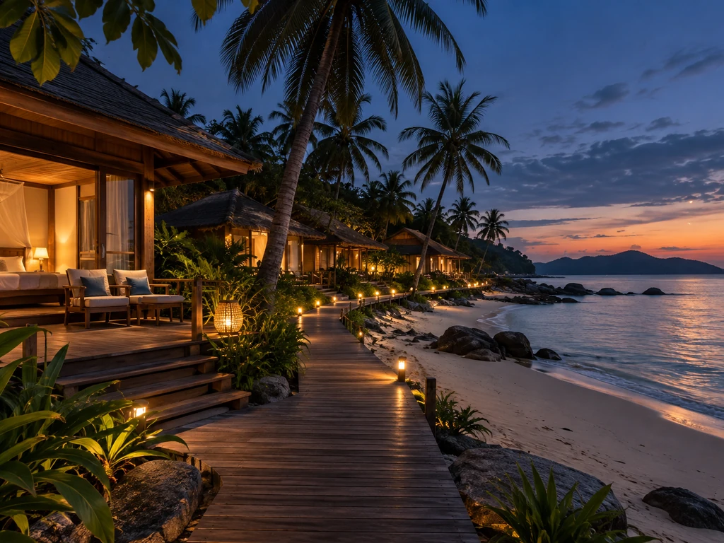 บังกะโลรีสอร์ทริมหาดในชุมพร เรียงหันหน้าสู่ทะเลอ่าวไทย มีทางเดินไม้ ต้นมะพร้าว และไฟสีอุ่นยามค่ำ
