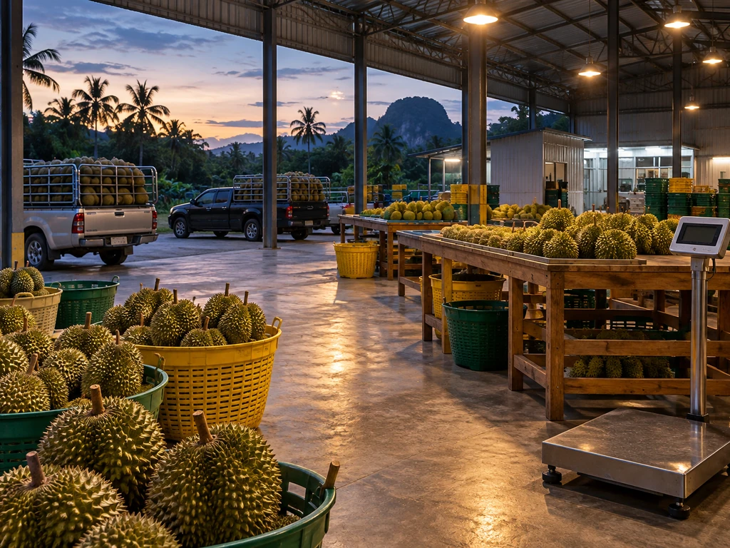 ล้งรับซื้อทุเรียนในจังหวัดชุมพร หลังคาเหล็กสูงโปร่ง มีตะกร้าผลทุเรียน โต๊ะคัดเกรด ตาชั่ง และลานรถกระบะด้านหน้า