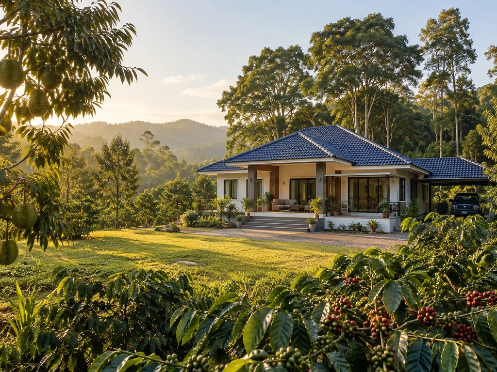 บ้านครอบครัวชาวสวนในชุมพร ตั้งอยู่กลางสวนทุเรียนและกาแฟ มีลานโล่งหน้าบ้านรับแสงเช้าและต้นไม้ใหญ่ด้านหลัง