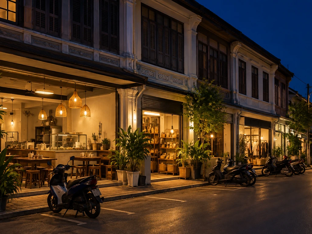 แถวตึกแถวสองชั้นในเมืองชุมพร ชั้นล่างเปิดเป็นร้านค้าและร้านอาหาร ฟ้าเริ่มมืดและไฟหน้าร้านสว่างอุ่น