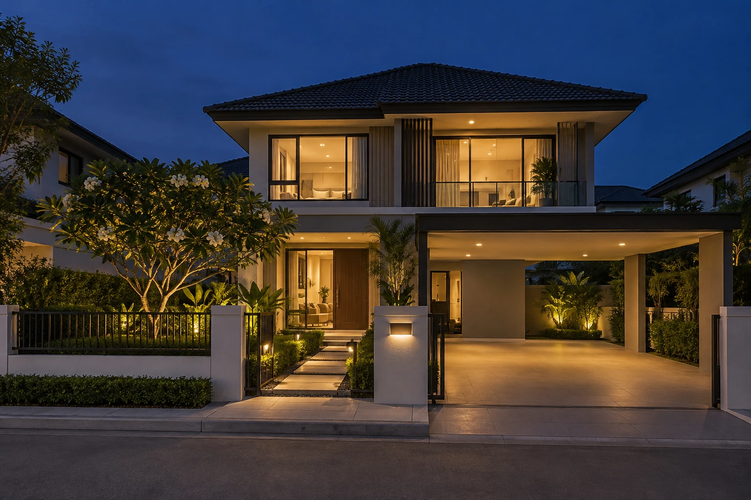 บ้านเดี่ยวสองชั้นบนที่ดินของตัวเอง มีรั้ว ประตูรั้ว สวนหน้าบ้าน และที่จอดรถ ก่อนจัดฮวงจุ้ยบ้านเดี่ยว