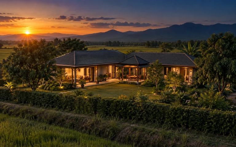 บ้านสร้างเองชั้นเดียวบนที่ดินกว้างต่างจังหวัด ล้อมด้วยสวนและแนวไม้ ตัวอย่างฮวงจุ้ยบ้านสร้างเอง