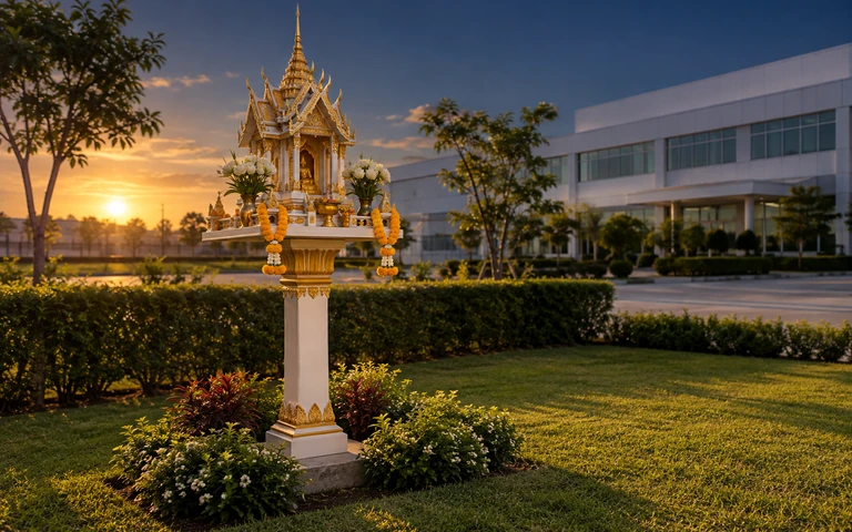 ศาลพระภูมิในพื้นที่โรงงานตั้งบนพื้นดินกลางสนามหญ้า ดูตำแหน่งศาลพระภูมิโรงงาน