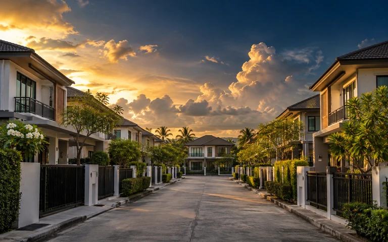 ซอยในหมู่บ้านจัดสรรรอบเมืองหาดใหญ่ บ้านแฝดสองชั้นเรียงกัน ถนนในซอยพุ่งตรงไปยังบ้านหลังท้ายซอย