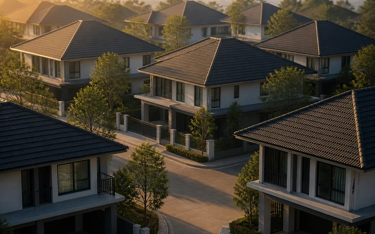 บ้านจัดสรรแปลนเดียวกันหลายหลังในหมู่บ้าน ที่หันคนละองศาและได้ผลฮวงจุ้ยต่างกัน