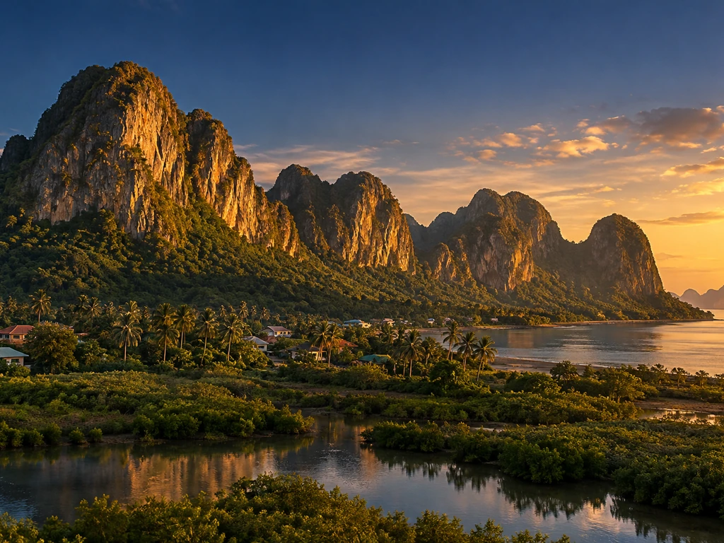 ภูเขาหินปูนของเขาสามร้อยยอดริมอ่าวไทย ประจวบคีรีขันธ์ มีบ้านพักและแนวมะพร้าวอยู่เชิงเขายามเย็น