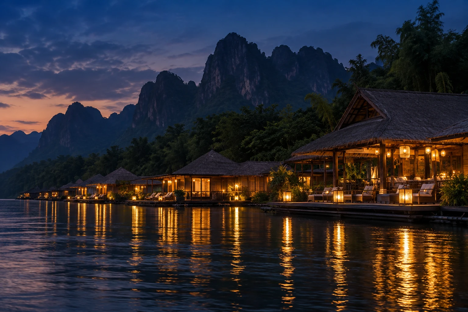 แพพักและรีสอร์ทริมแม่น้ำแควในกาญจนบุรียามพลบค่ำ มีภูเขาหินปูนเป็นฉากหลังและแสงไฟอุ่นสะท้อนผิวน้ำ