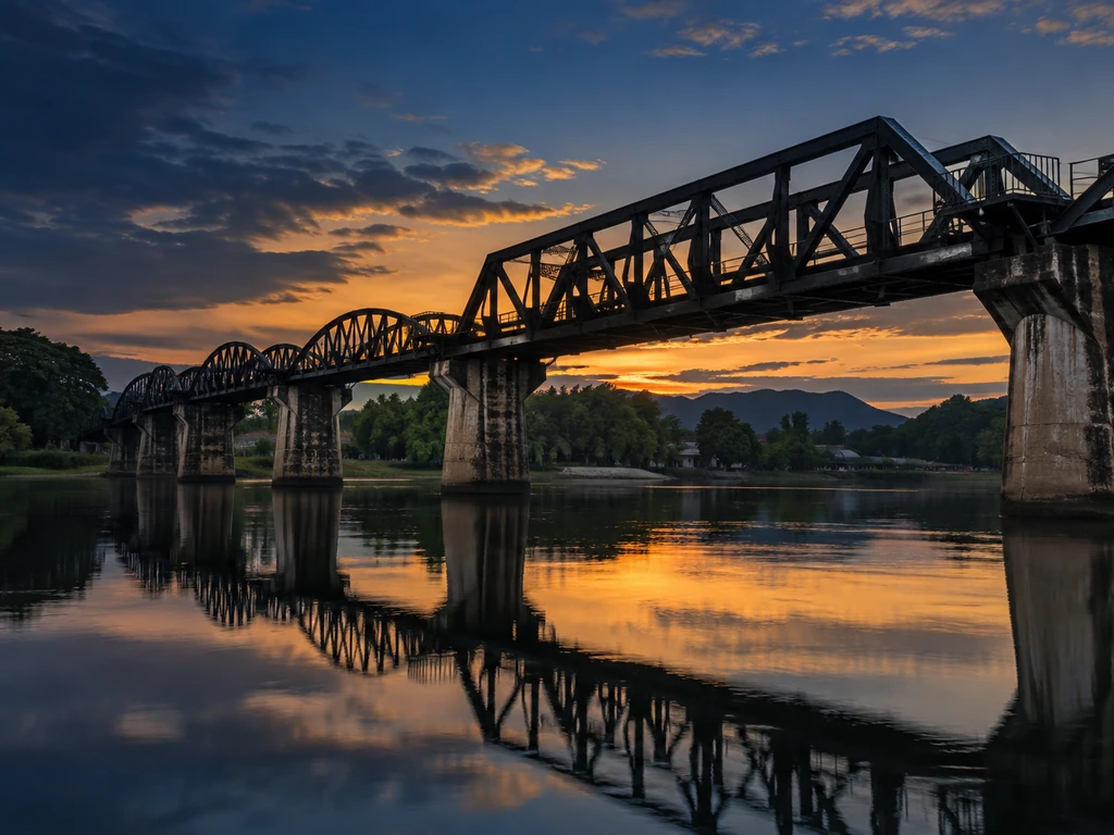 สะพานเหล็กทางรถไฟข้ามแม่น้ำแควในกาญจนบุรียามเย็น โครงถักเหล็กทอดข้ามผิวน้ำนิ่ง