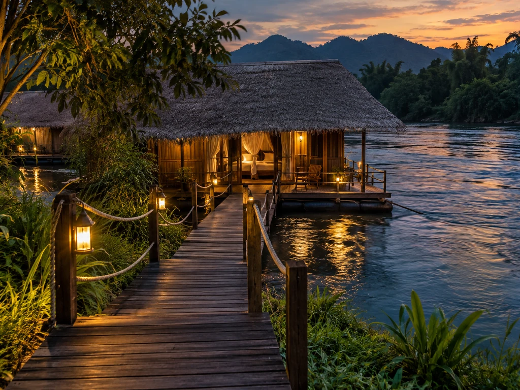 ห้องพักบนแพริมแม่น้ำแควน้อย กาญจนบุรี มีสะพานทางลาดเชื่อมจากตลิ่งลงสู่แพ
