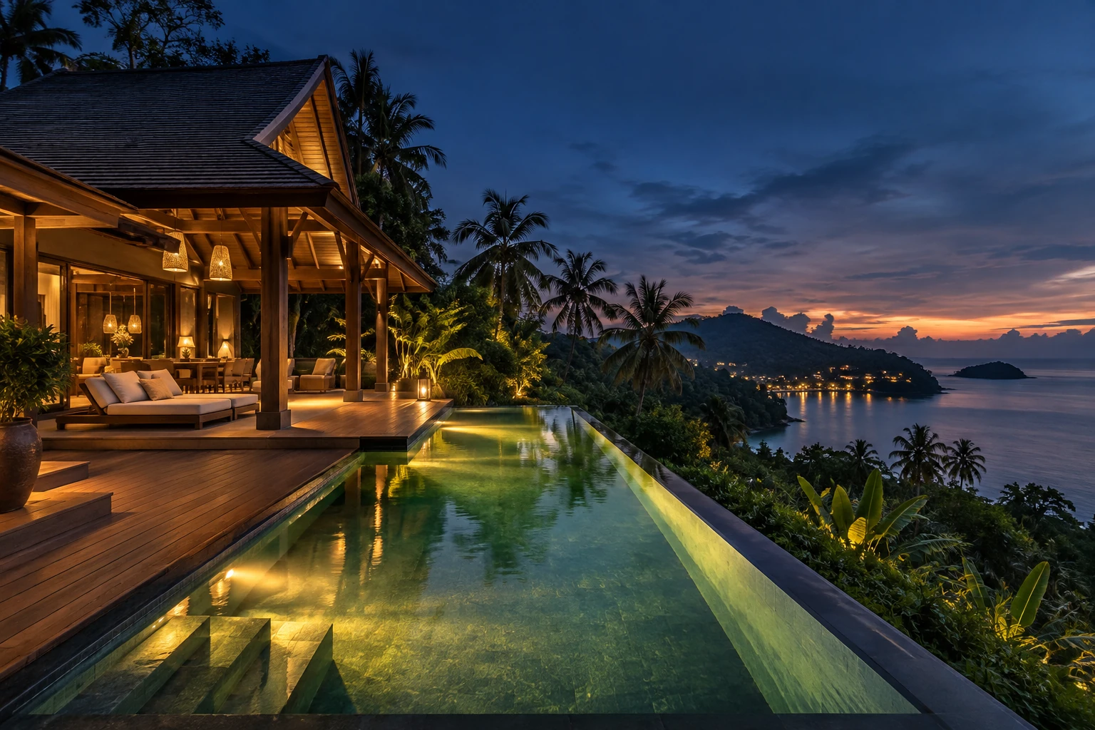 พูลวิลล่าบนเนินเขาเกาะสมุยยามพลบค่ำ สระว่ายน้ำสะท้อนแสงไฟสีทอง มองลงไปเห็นอ่าวและต้นมะพร้าว