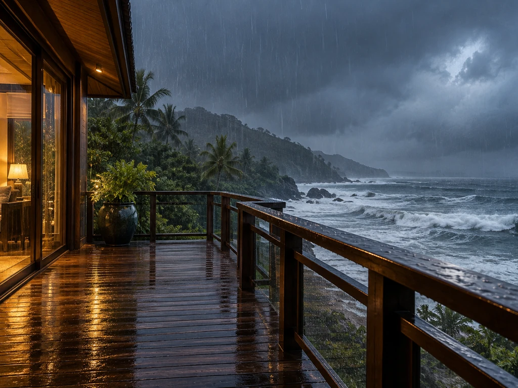 ระเบียงไม้ของวิลล่าริมทะเลเกาะสมุยช่วงฝนมรสุม ราวระเบียงเปียกชื้น ทะเลขาวขุ่นและท้องฟ้าครึ้มด้านหลัง