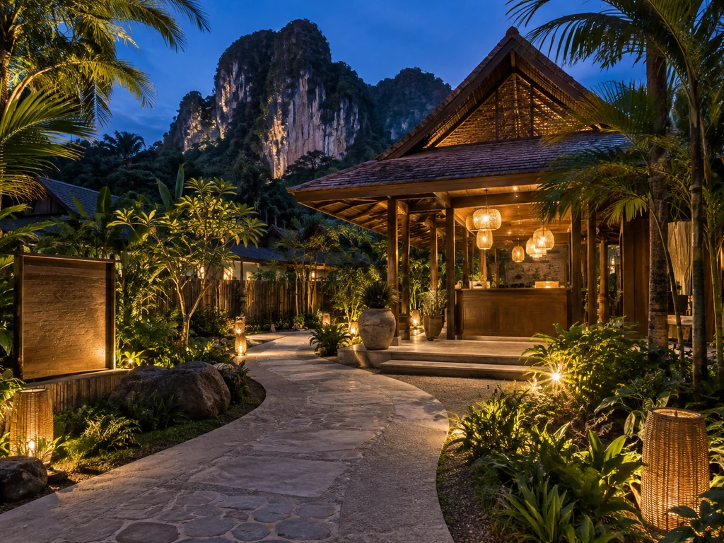ทางเข้ารีสอร์ทขนาดเล็กที่อ่าวนาง กระบี่ มีทางเดินโค้งผ่านสวน เคาน์เตอร์ต้อนรับไม้ และเขาหินปูนอยู่ด้านหลัง