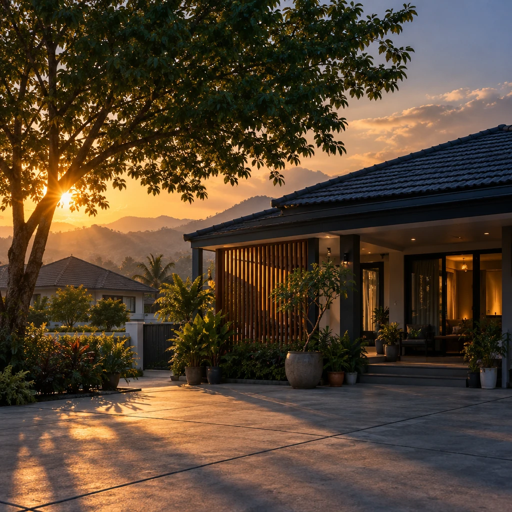 บ้านชั้นเดียวในหมู่บ้านจัดสรรลำปางที่มีต้นไม้ใหญ่บังแดดบ่ายฝั่งตะวันตกและแนวเขาอยู่ไกล ตัวอย่างการจัดฮวงจุ้ยบ้านในเมืองแอ่งกระทะ
