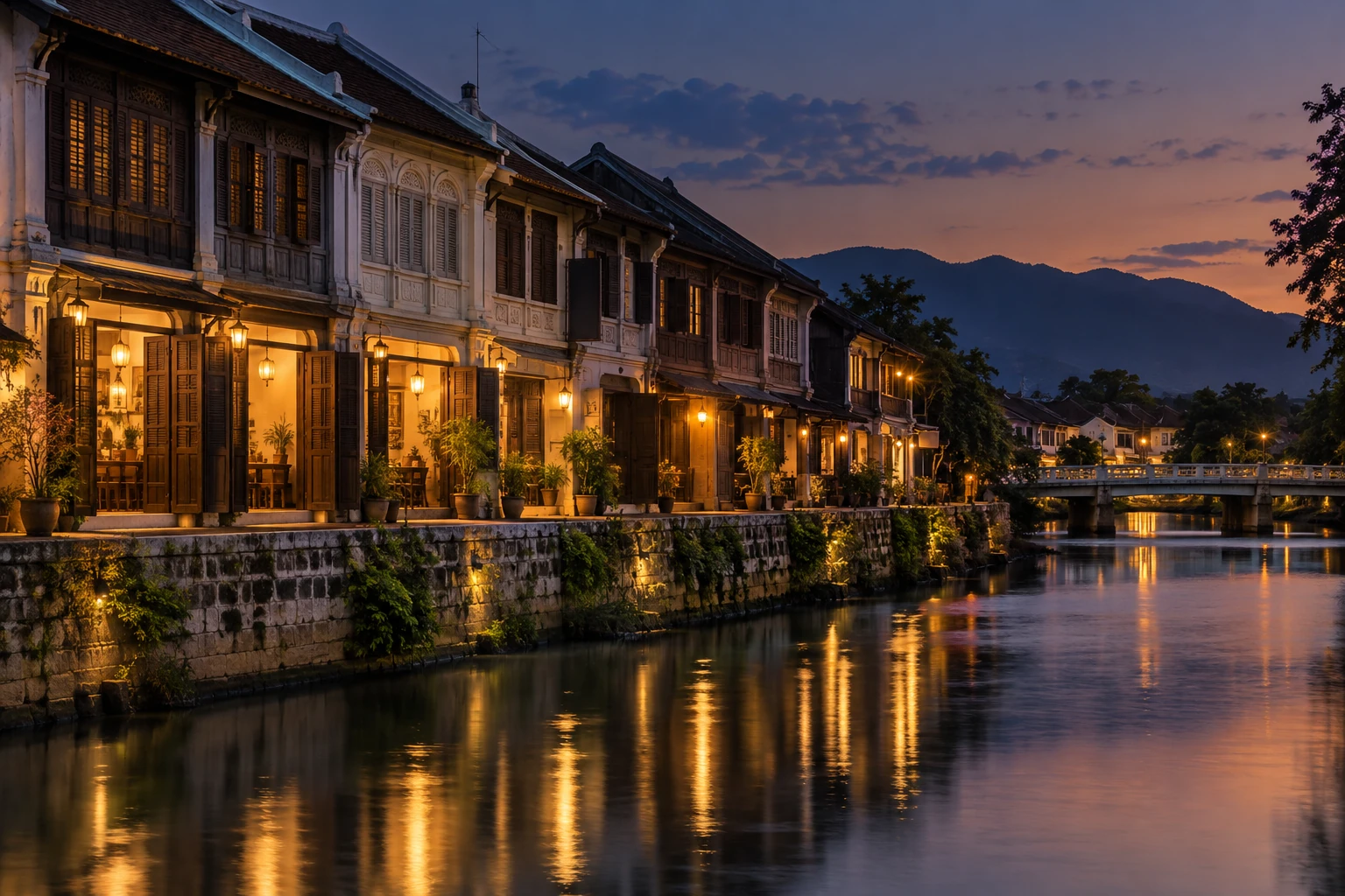 แถวเรือนไม้และตึกเก่าริมแม่น้ำวังในย่านกาดกองต้า ลำปาง ยามพลบค่ำ แสงไฟอุ่นจากหน้าร้าน สื่อถึงการดูฮวงจุ้ยลำปางในย่านการค้าเก่า