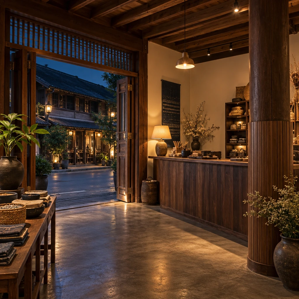 ภายในร้านในตึกแถวไม้เก่าย่านกาดกองต้า ลำปาง เคาน์เตอร์ไม้ที่มองเห็นประตูหน้าร้านแต่ไม่อยู่ตรงแนวประตู ตัวอย่างการจัดฮวงจุ้ยร้านค้าในตึกเก่า