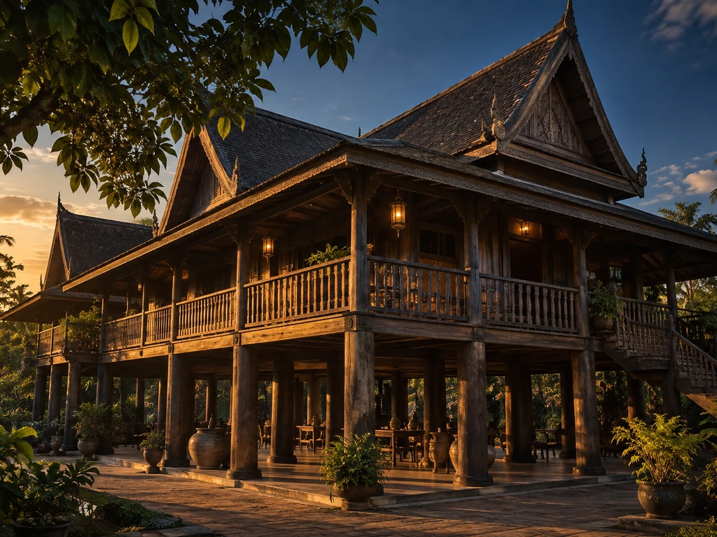 เรือนไม้สักยกใต้ถุนสูงที่มีเสาไม้จำนวนมากและระเบียงรอบตัวบ้านในลำปาง ตัวอย่างบ้านเก่าที่จัดฮวงจุ้ยได้โดยไม่ทุบโครงสร้าง