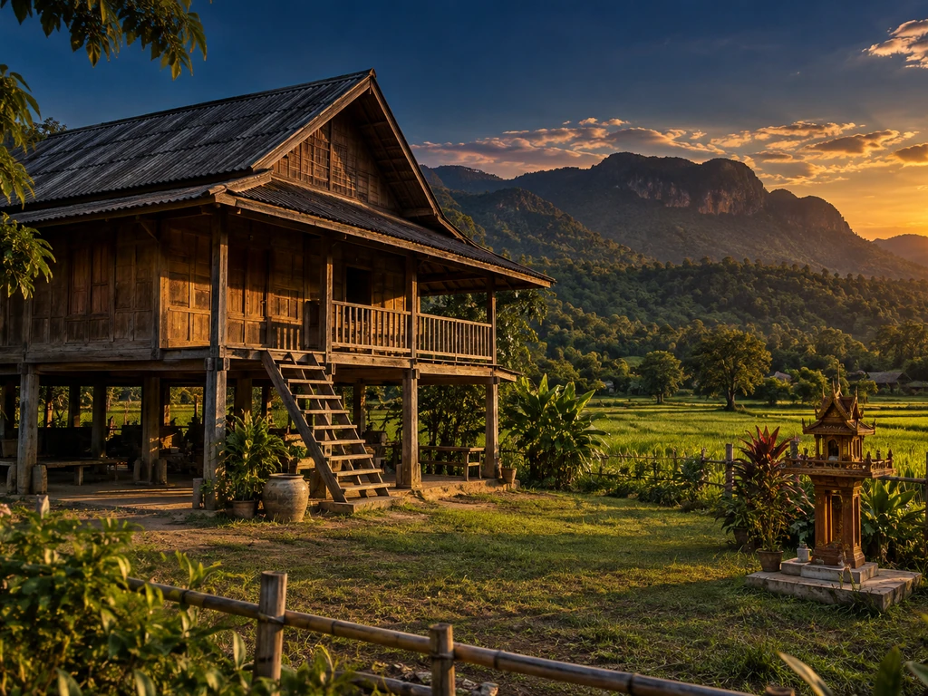 บ้านไม้ยกใต้ถุนหลังเก่าในหุบเขาอำเภอด่านซ้าย จังหวัดเลย มีแนวเขาและนาข้าวด้านหลัง ตัวอย่างการดูฮวงจุ้ยบ้านไม้ที่ผสานความเชื่อท้องถิ่น