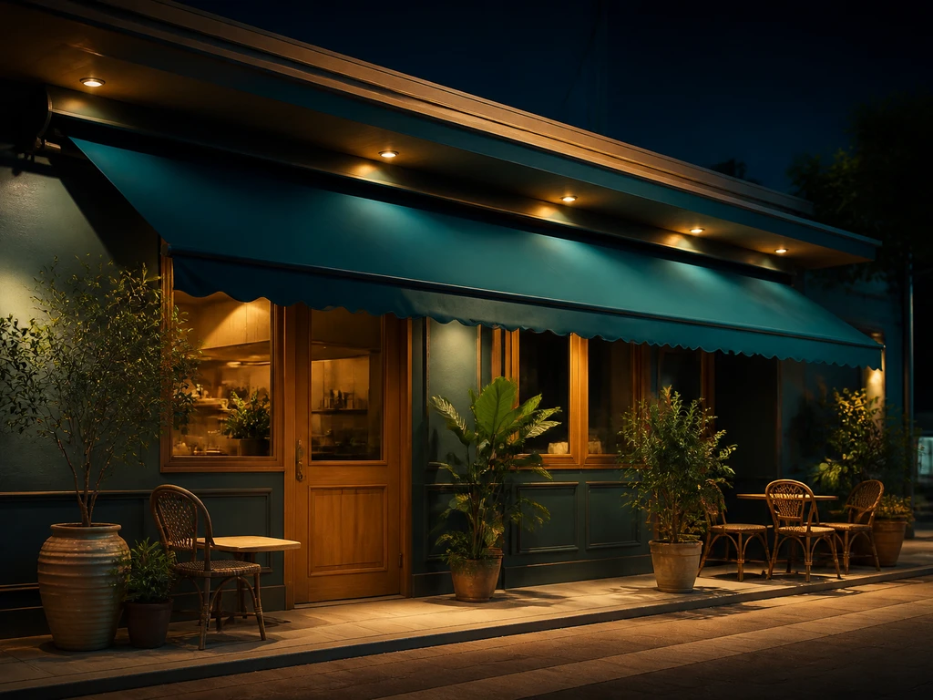 หน้าร้านคาเฟ่ในไทยยามค่ำ ใช้โทนสีเดียวต่อเนื่องบนกันสาด ผ้าใบ และไฟส่องหน้าร้าน