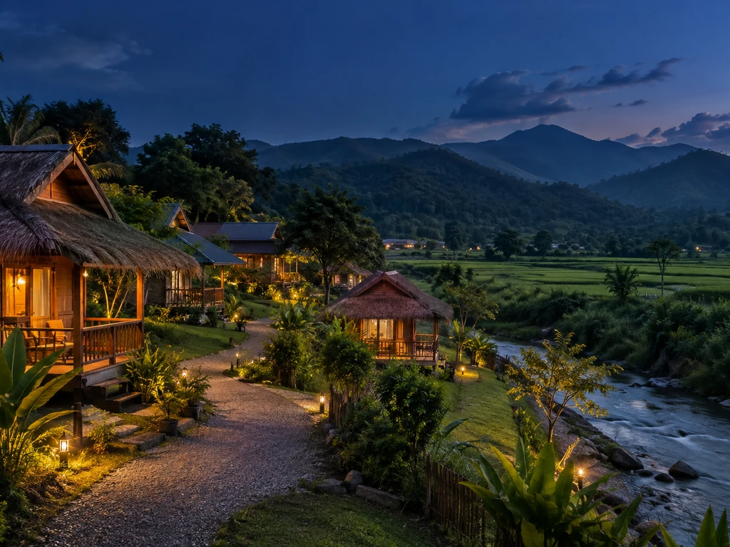 รีสอร์ทบังกะโลไม้ริมแม่น้ำปายในหุบเขา อำเภอปาย แม่ฮ่องสอน ยามเย็น ตัวอย่างการดูฮวงจุ้ยรีสอร์ทหลายอาคาร