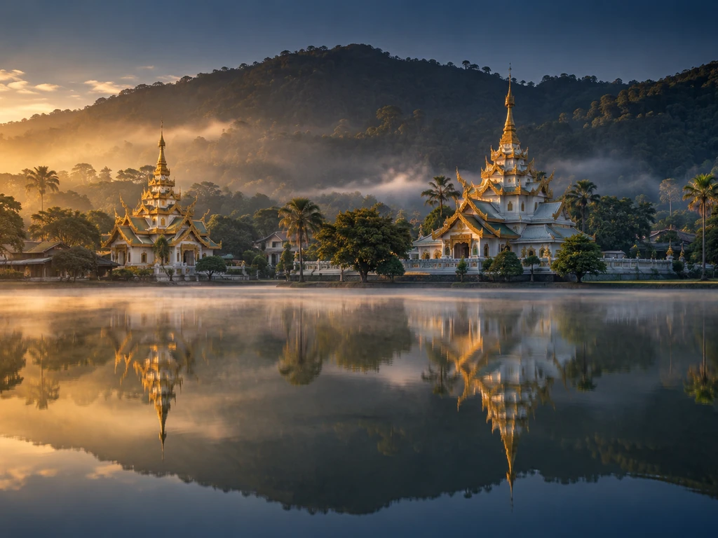 วัดศิลปะไทใหญ่หลังคาซ้อนหลายชั้นสะท้อนผิวน้ำหนองจองคำ กลางเมืองแม่ฮ่องสอน ยามเช้ามีหมอกบาง