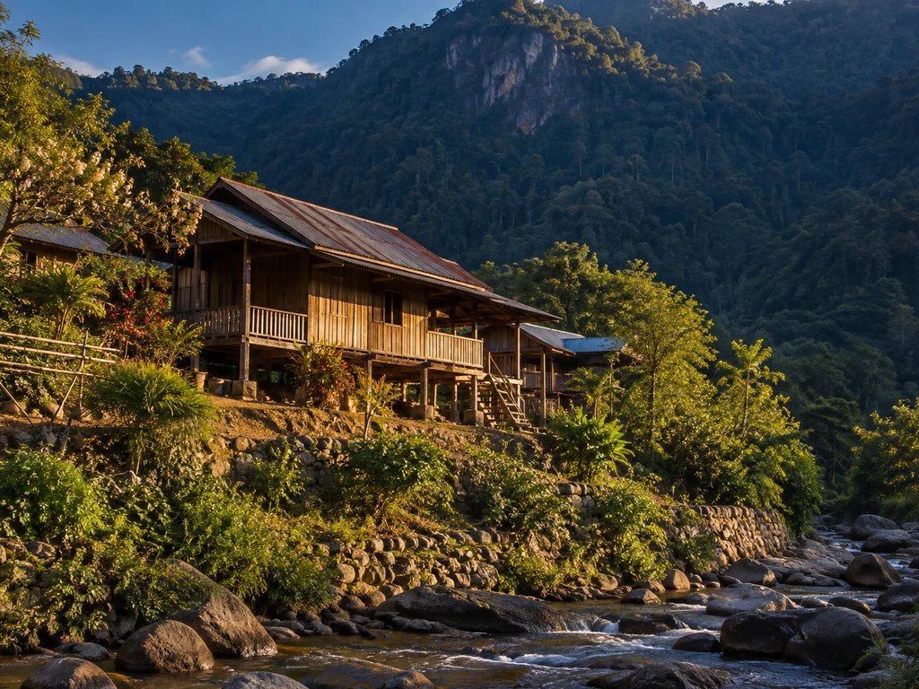 บ้านไม้ยกใต้ถุนบนที่ลาดเชิงเขาในแม่ฮ่องสอน มีภูเขาด้านหลังและลำห้วยด้านล่าง ตัวอย่างชัยภูมิที่ต้องอ่านก่อนจัดฮวงจุ้ย