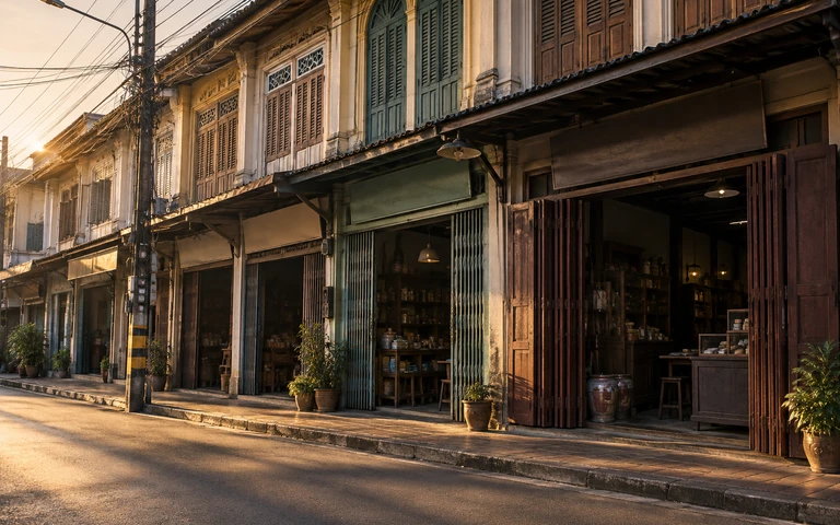 ตึกแถวไม้และคอนกรีตเก่าย่านตลาดในตัวเมืองนครปฐม หน้าร้านเปิดรับคนเดินผ่าน