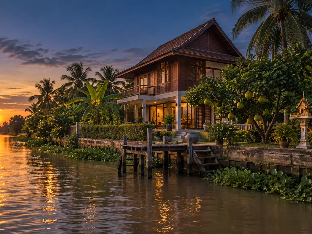 บ้านสวนริมแม่น้ำท่าจีนช่วงสามพราน–นครชัยศรี มีร่องสวนผลไม้และท่าน้ำหน้าบ้าน