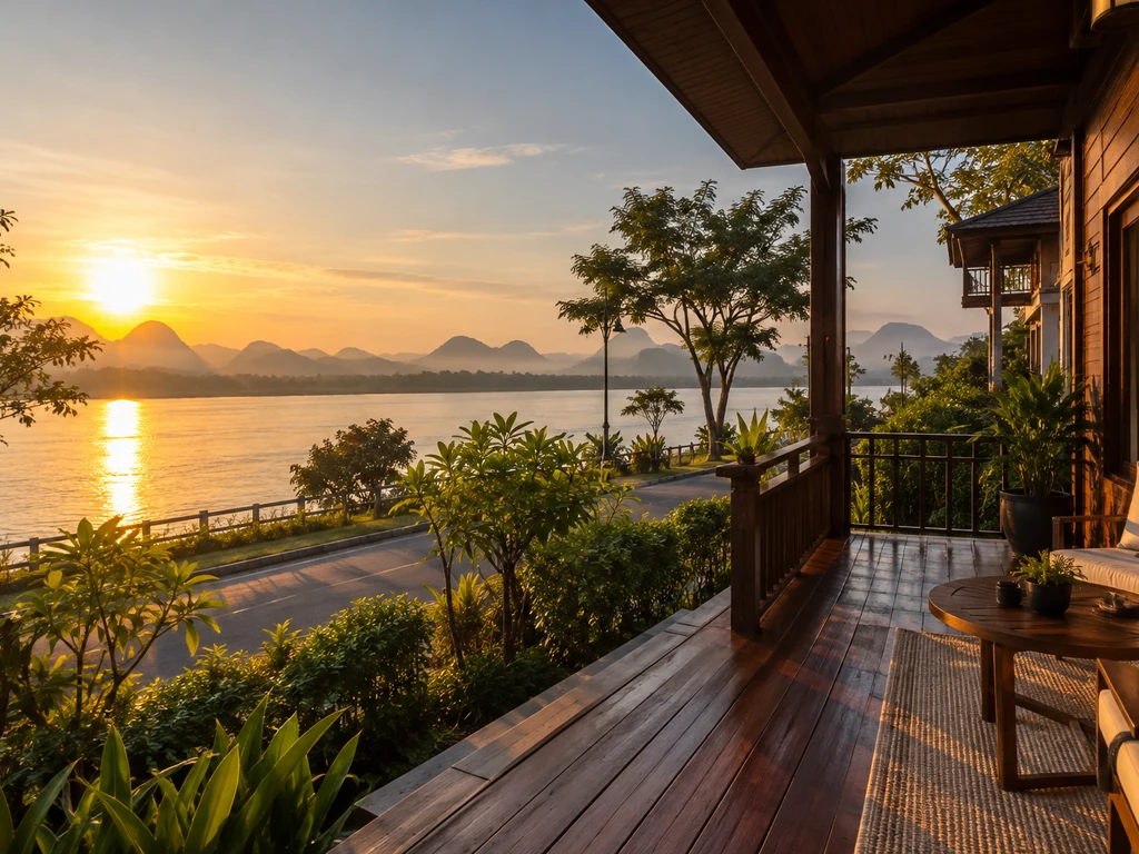 ระเบียงบ้านไม้ริมแม่น้ำโขงในจังหวัดนครพนม มีแนวต้นไม้คั่นระหว่างบ้านกับถนนเลียบโขง ตัวอย่างการดูฮวงจุ้ยบ้านหันหน้าหาแม่น้ำ