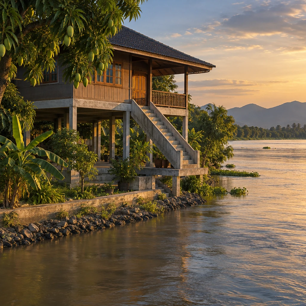 บ้านริมแม่น้ำในนครสวรรค์ที่ยกพื้นสูงหนีน้ำ มีบันไดคอนกรีตขึ้นสู่ประตูหน้าบ้านและแม่น้ำไหลผ่านด้านหน้า