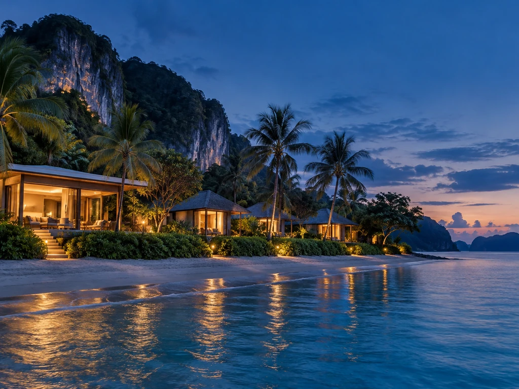 บ้านพักและรีสอร์ทขนาดเล็กริมทะเลขนอม นครศรีธรรมราช หันหน้ารับอ่าวไทย มีแนวต้นไม้กันลมและภูเขาหินปูนด้านข้าง